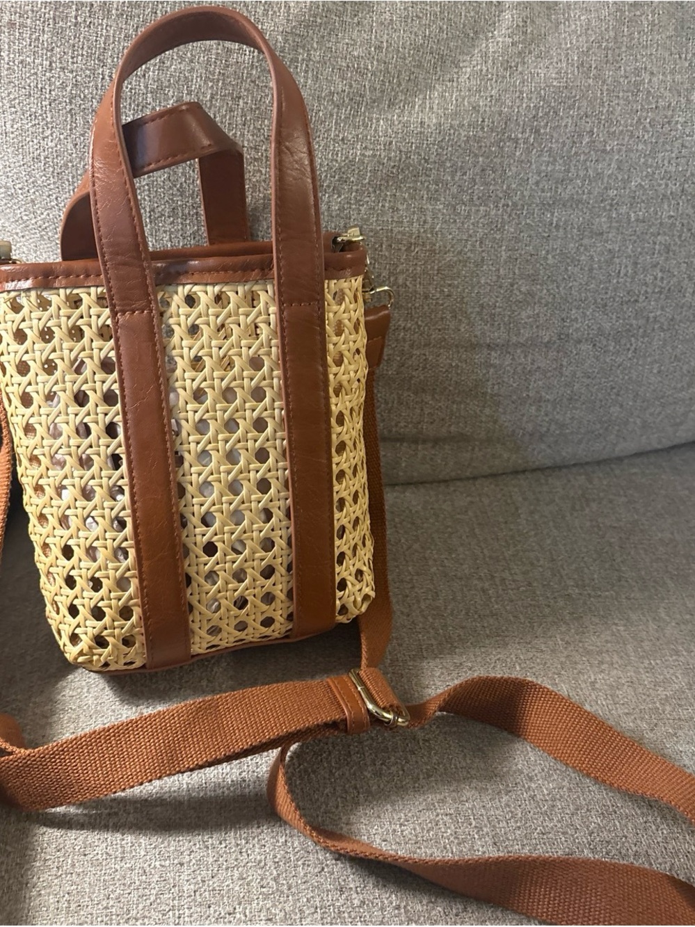 a new day Woven Rattan Tote with Brown Trim